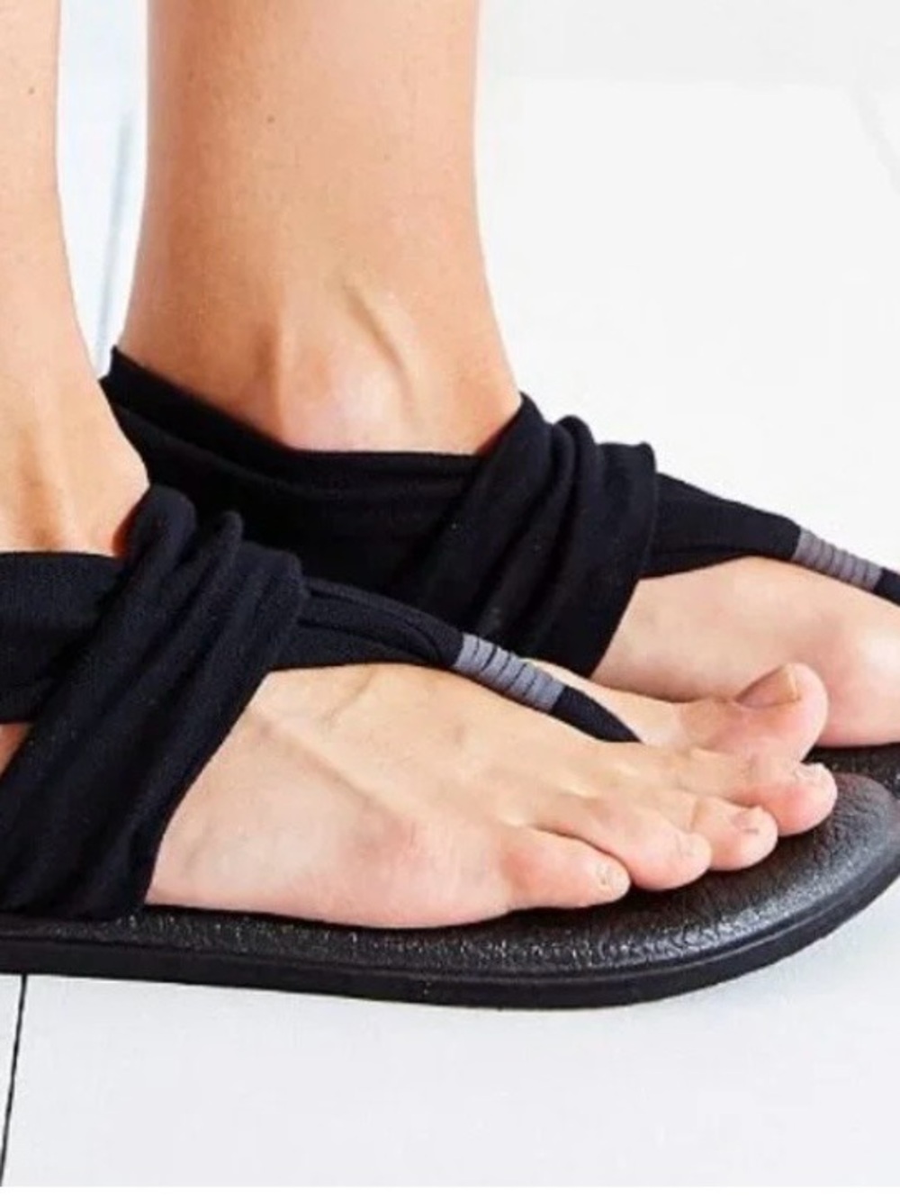 Sanuk Black Slip-On Toe-Thong Sandals with Stretch Fabric Straps